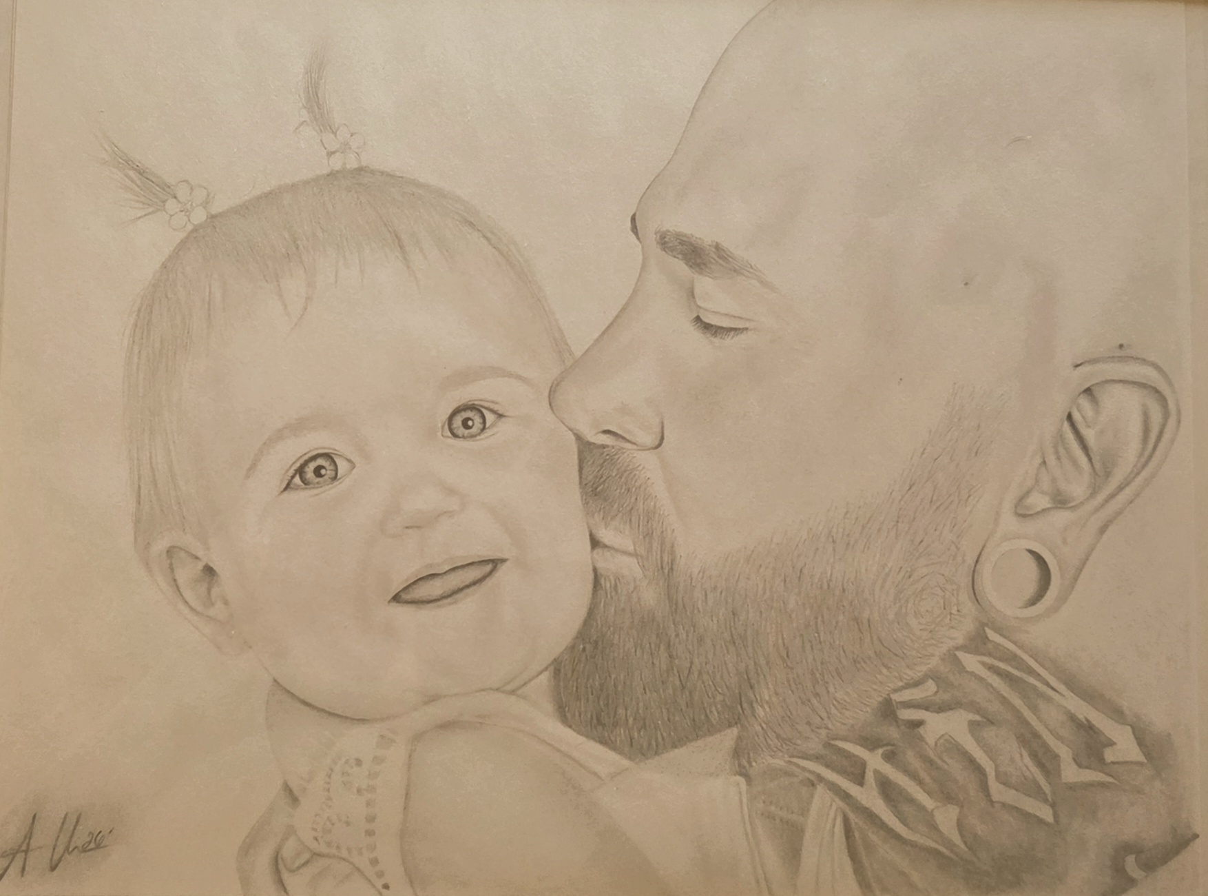 Graphite portrait of a father kissing his young daughter
