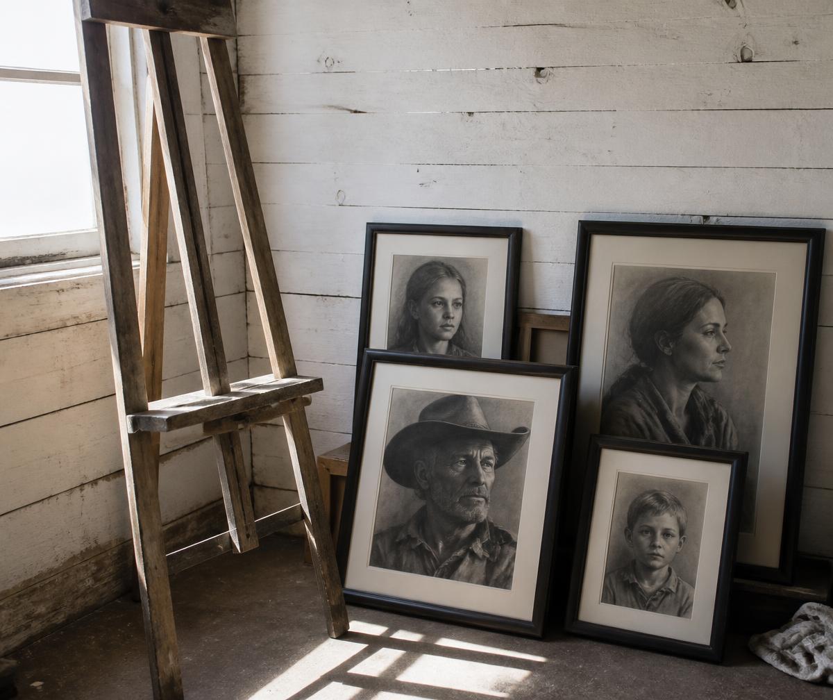 Framed charcoal portraits leaning against a whitewashed studio wall